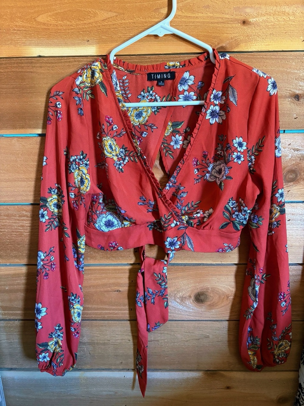 TIMING Red Floral Tie-Front Long Sleeve Crop Top